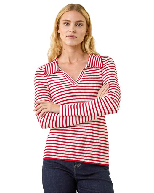 Roman Red Stripe Collar Peplum Knit Top