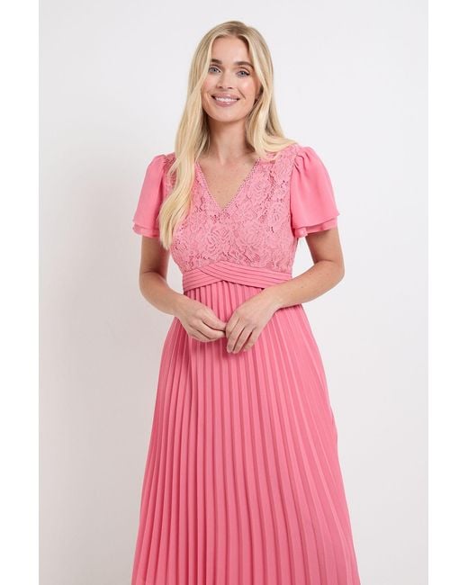 Wallis Pink Petite Lace Pleat Detail Midi Dress
