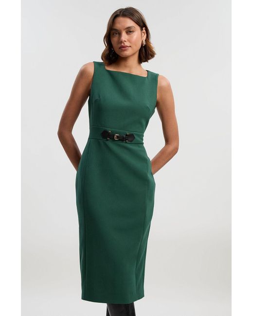 Karen Millen Green Compact Essential Tab Waist Pencil Midi Dress