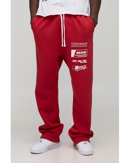BoohooMAN Red Tall Oversized Dropped Crotch Flame Applique Moto Joggers for men