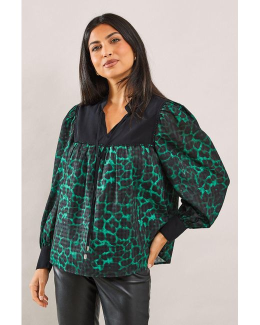 Wallis Green Animal Contrast Detail Tie Neck Blouse