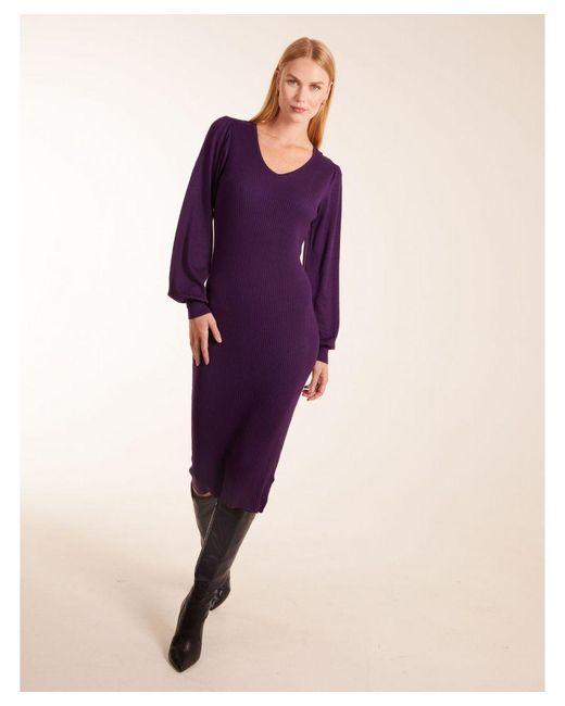 Blue Vanilla Purple Vanilla V-Neck Ribbed Bodycon Dress