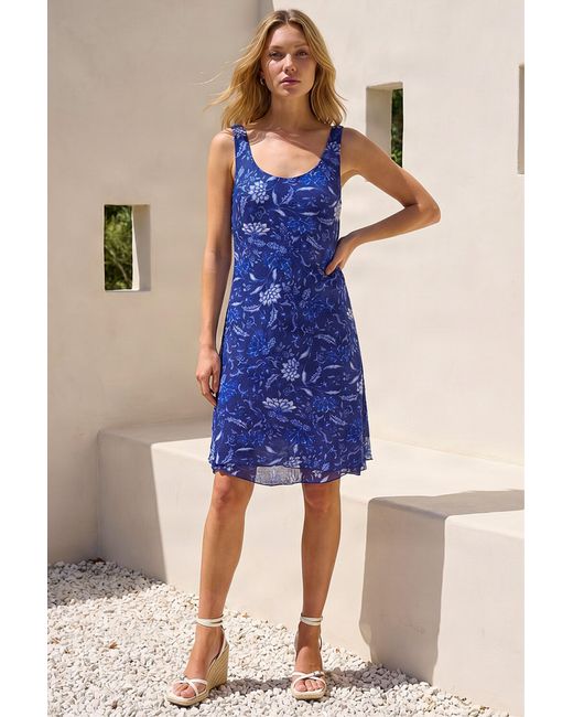 Roman Blue Floral Print Double Layer Dress