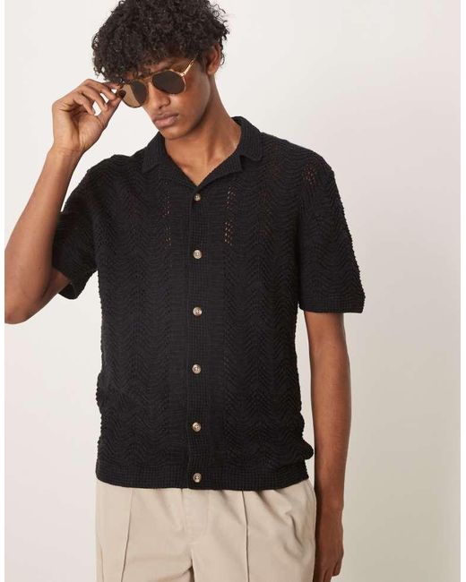 Abercrombie & Fitch Black Short Sleeve Crochet Button Through Polo for men