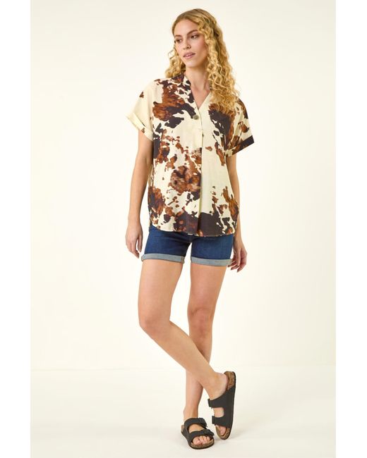 Roman Natural Cow Print Pleat Top
