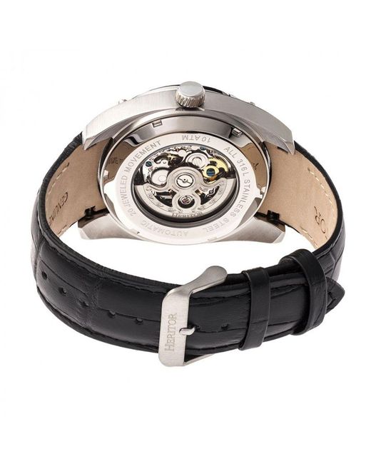 Heritor Black Daniels Semi-Skeleton Leather-Band Watch for men