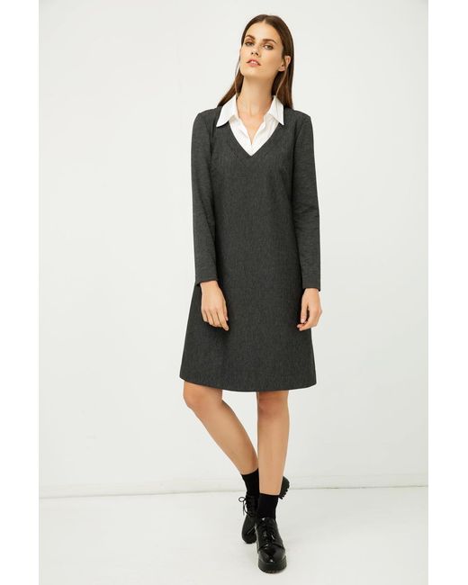 Conquista Black Shirt Collar Detail Dark Striped Dress