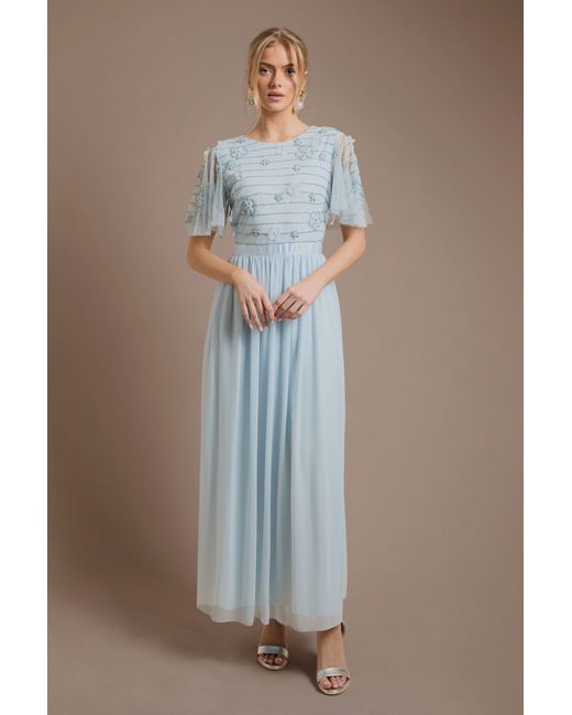 Oasis Blue Petite Floral Embellished Mesh Angel Sleeve Maxi Dress