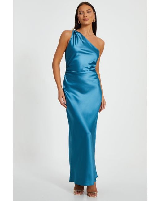 Quiz Blue Satin One Shoulder Midaxi Dress