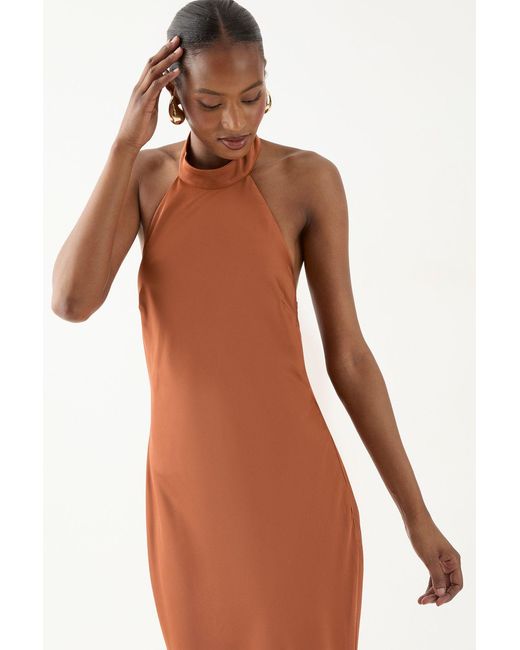 MissPap Brown High Neck Satin Cowl Back Bridesmaid Dress
