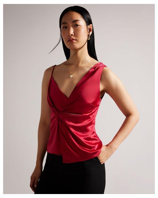 Ted Baker Red Angelya Asymmetric Twist Front Cami, Deep