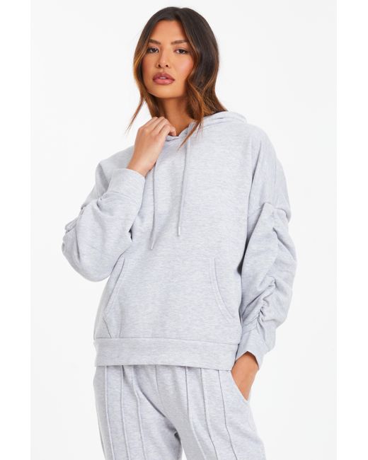 Quiz Ruched Sleeve Oversized Hoodie Material Cotton in White Lyst UK