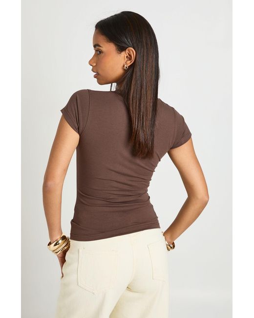 Boohoo Brown V Neck Cap Sleeve Fitted T-Shirt