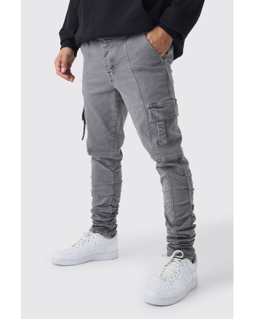 BoohooMAN Gray Skinny Stacked Ruched Strap Cargo Trousers for men