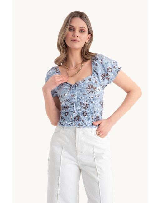 Hiccup Blue Floral Sweetheart Neck Smocked Top With A Puff Sleeve