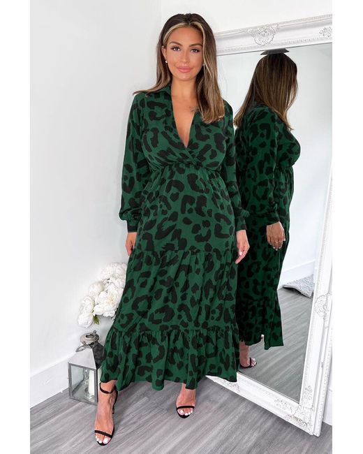 AX Paris Green Leopard Print Long Sleeve Smock Midi Dress
