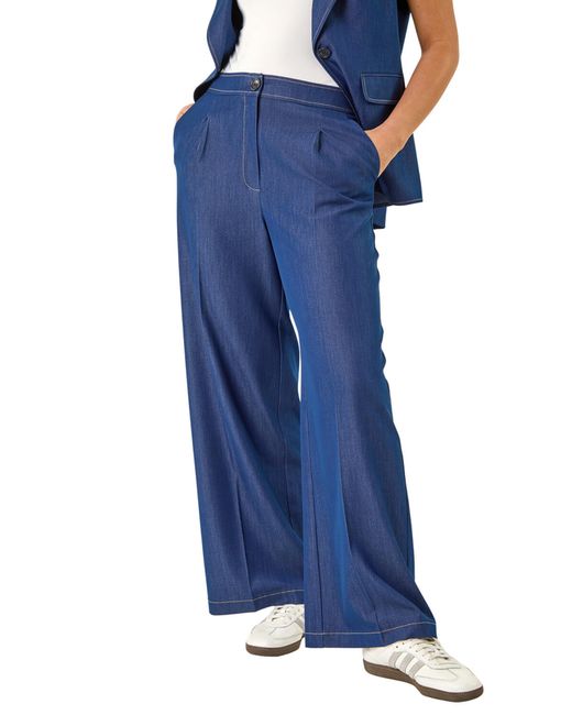 Roman Blue Denim Contrast Stitch Wide Leg Trouser