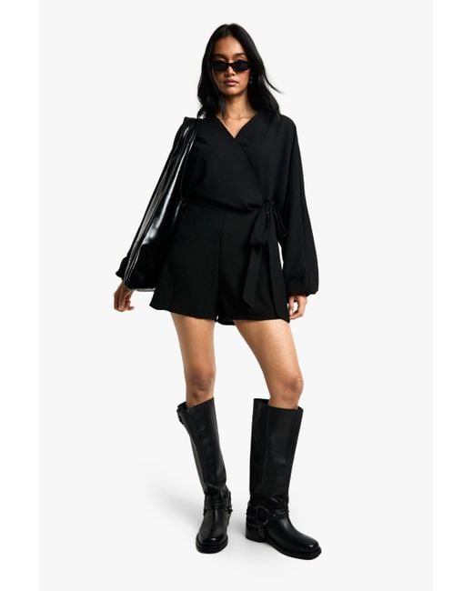Boohoo Black Linen Look Wrap Over Tie Detail Playsuit