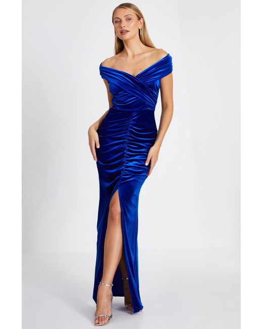 Quiz Blue Royal Velvet Bardot Maxi Dress