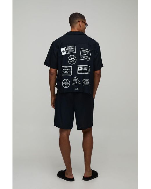 BoohooMAN Blue Travel Stamp Linen Blend Regular Fit Short Set for men