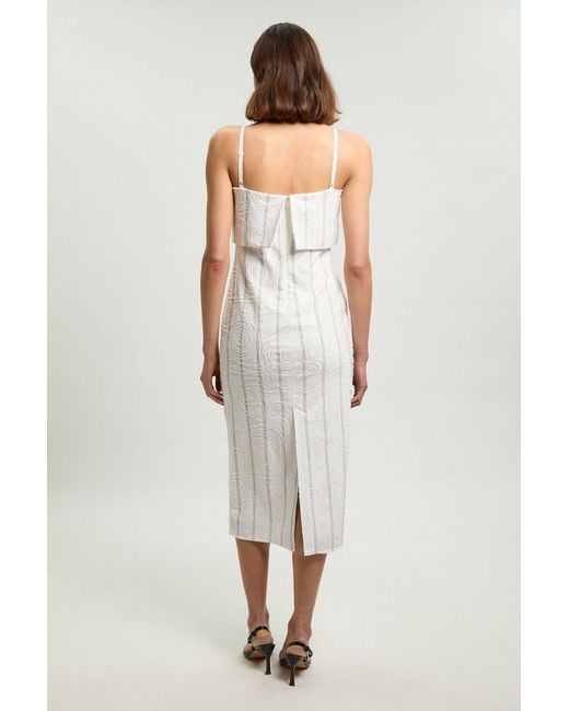 Karen Millen White Textured Pinstripe Bandeau Tailored Midi Dress