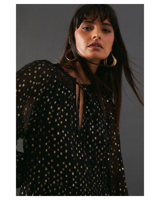 Warehouse Black Metallic Jacquard Lace Midi Smock Dress