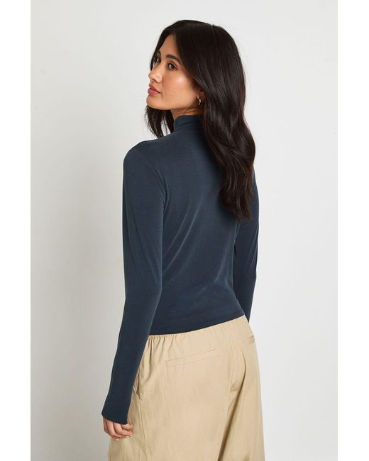 Boohoo Blue Cupro Key Hole Button Detail Long Sleeve Top