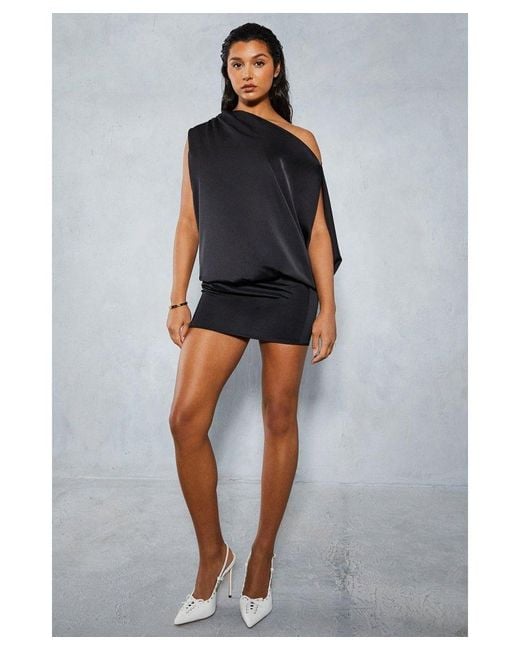MissPap Blue Satin Off Shoulder Asymmetric Bodycon Mini Dress