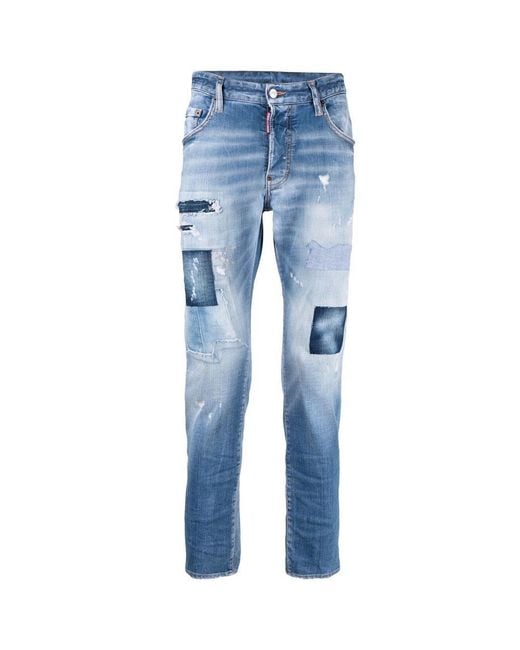 DSquared² Blue Patchwork Distressed-Effect Skinny Jeans Cotton for men