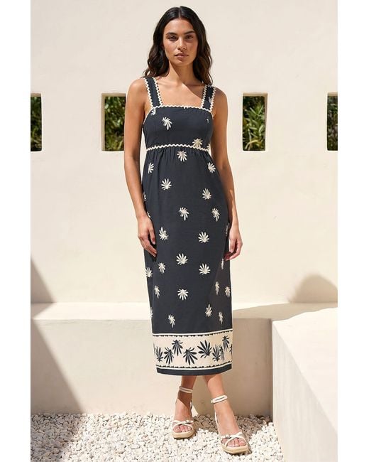 Roman Black Leaf Print Ric Rac Midi Dress