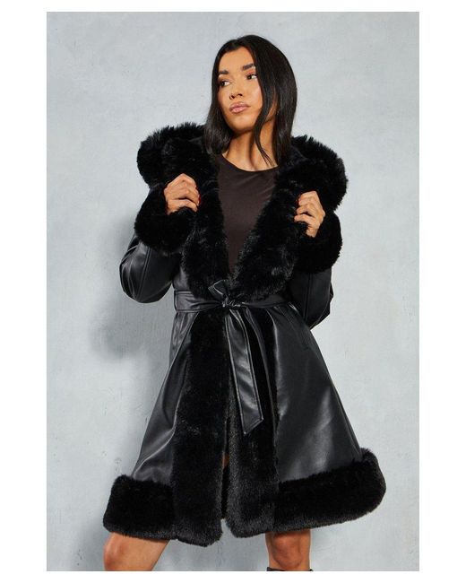 MissPap Black Faux Fur Leather Look Belted Midi Length Coat