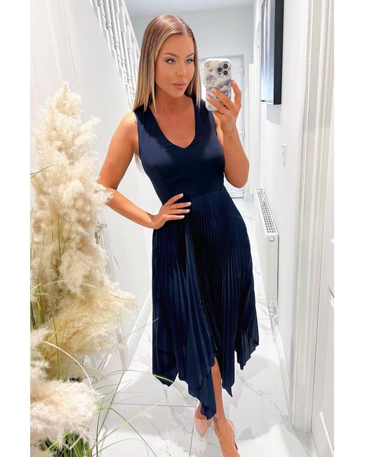 AX Paris Blue V Neck Pleated Skirt Belted Waist Midi Dress