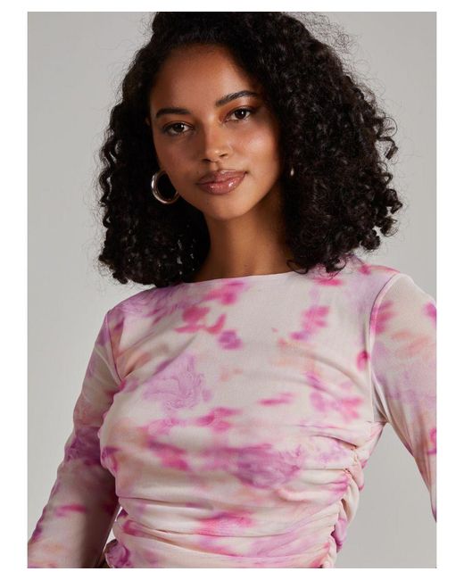 Pink Vanilla Pink Watercolour Long Sleeve Mesh Crop Top