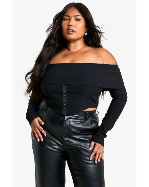Boohoo Black Plus Bengaline Off Shoulder Hook & Eye Top