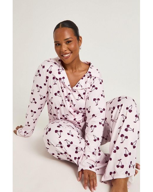 Boohoo Pink Plus Cherry Print Long Sleeve & Trouser Pj Set