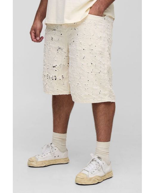 BoohooMAN Natural Plus Lasered Super Distressed Jorts for men