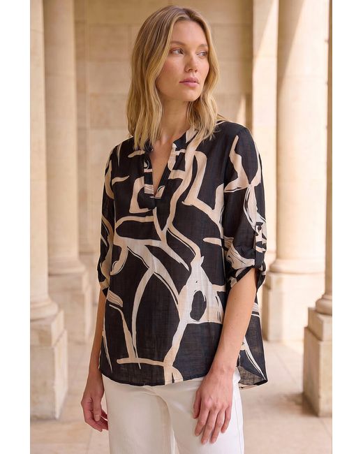 Roman Black Abstract Print V-Neck Top