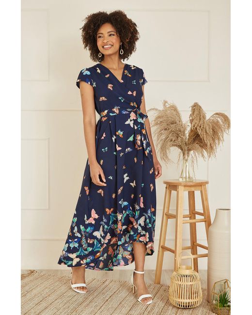 Mela London Blue Butterfly Print Dip Hem Midi Wrap Dress