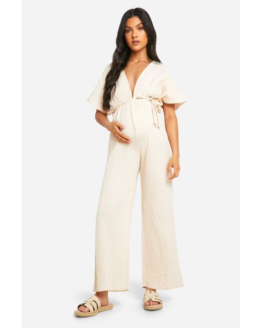Boohoo White Maternity Rope Belted Wide Leg Jumpsuit