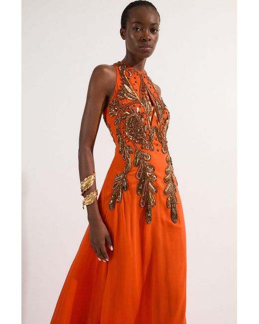 Karen Millen Orange Tall Halter Neck Bugle Bead Detail Woven Maxi Dress
