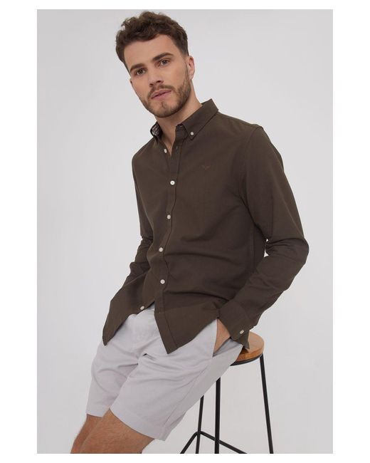 Threadbare Brown Oxford Cotton 'Beacon' Long Sleeve Shirt for men