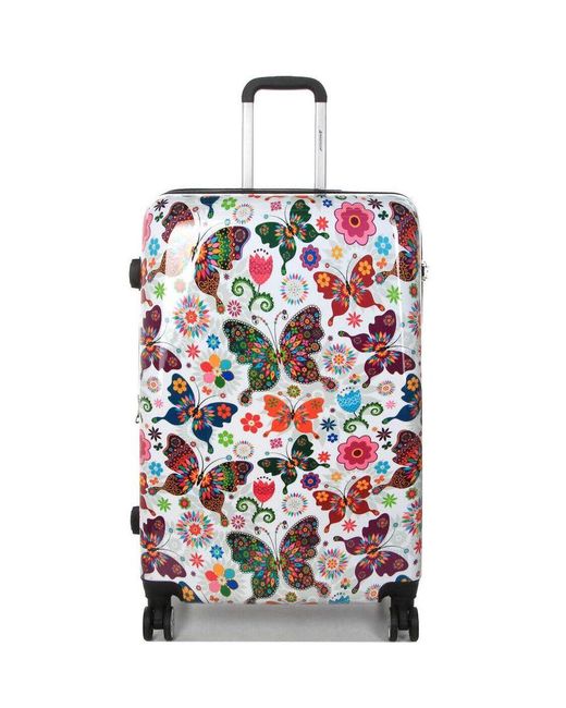 Infinity Leather White Hard Shell 4 Wheel Butterfly Print Luggage Bag Suitcase Set Fo 3