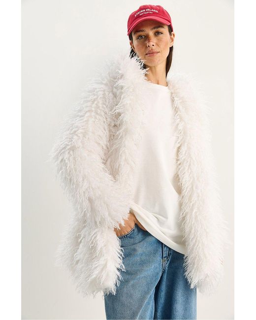 Bianco Lucci Natural Oversize Hooded Faux Fur Jacket