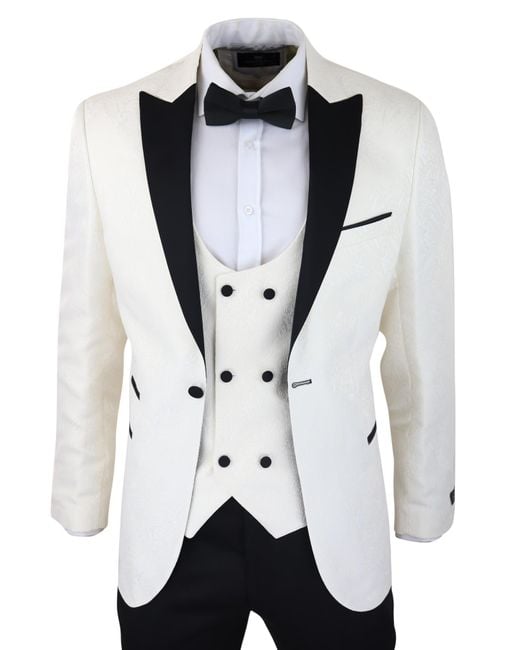 TruClothing Black Tuxedo Blazer Waistcoat Brocade Ivory Satin Paisley Dinner Jacket for men