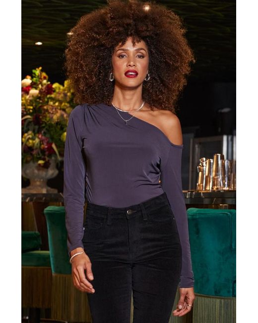 Sosandar Black Pewter Asymmetrical One Shoulder Top
