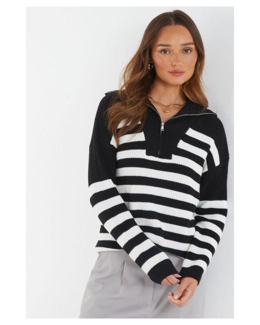Quiz White Knitted Stripe Zip Jumper
