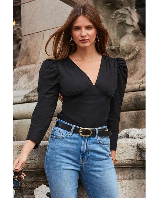 Sosandar Blue Puff Sleeve Ruched Detail Top