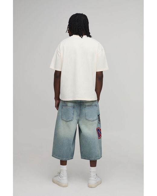 BoohooMAN Blue Tall Longline Varsity Badge Washed Denim Jorts for men
