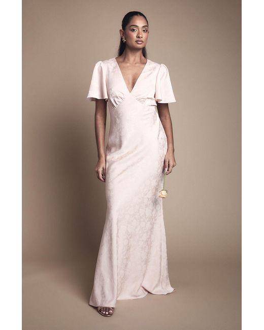 Oasis Natural Angel Sleeve Satin Jacquard Bridesmaid Maxi Dress