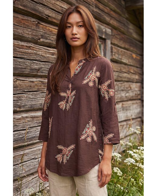 Roman Brown Embroidered Floral V-Neck Top